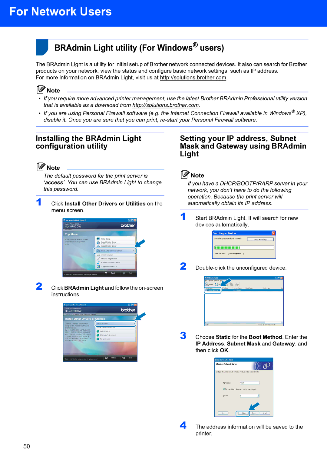 Brother HL-4070CDW setup guide For Network Users, BRAdmin Light utility For Windows users 