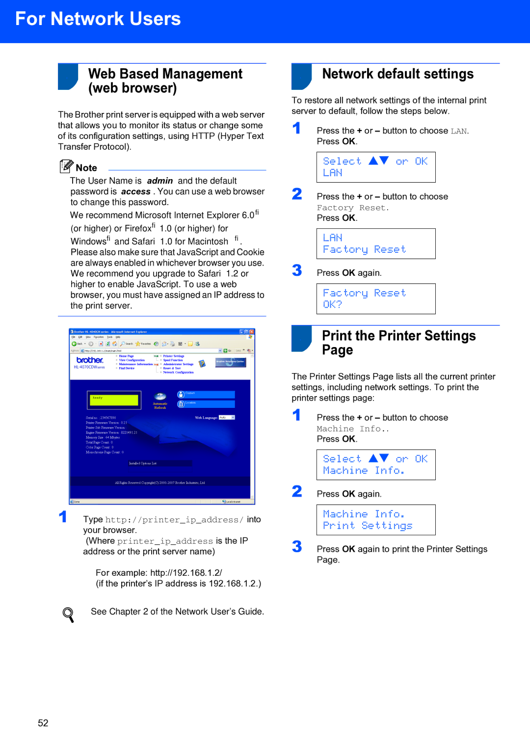 Brother HL-4070CDW setup guide Network default settings, Print the Printer Settings 