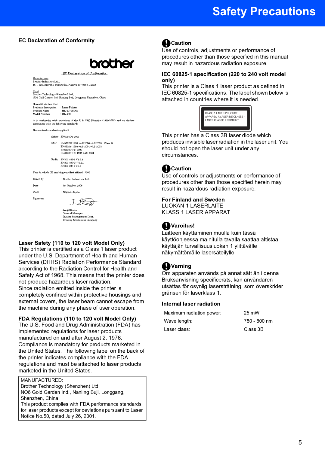 Brother HL-4070CDW IEC 60825-1 specification 220 to 240 volt model only, For Finland and Sweden, Varoitus, Varning 