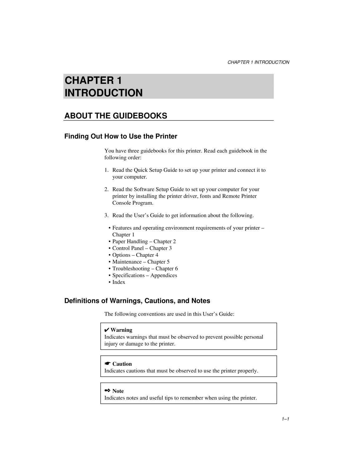 Brother HL-600 About the Guidebooks, Finding Out How to Use the Printer, Definitions of Warnings, Cautions, and Notes 