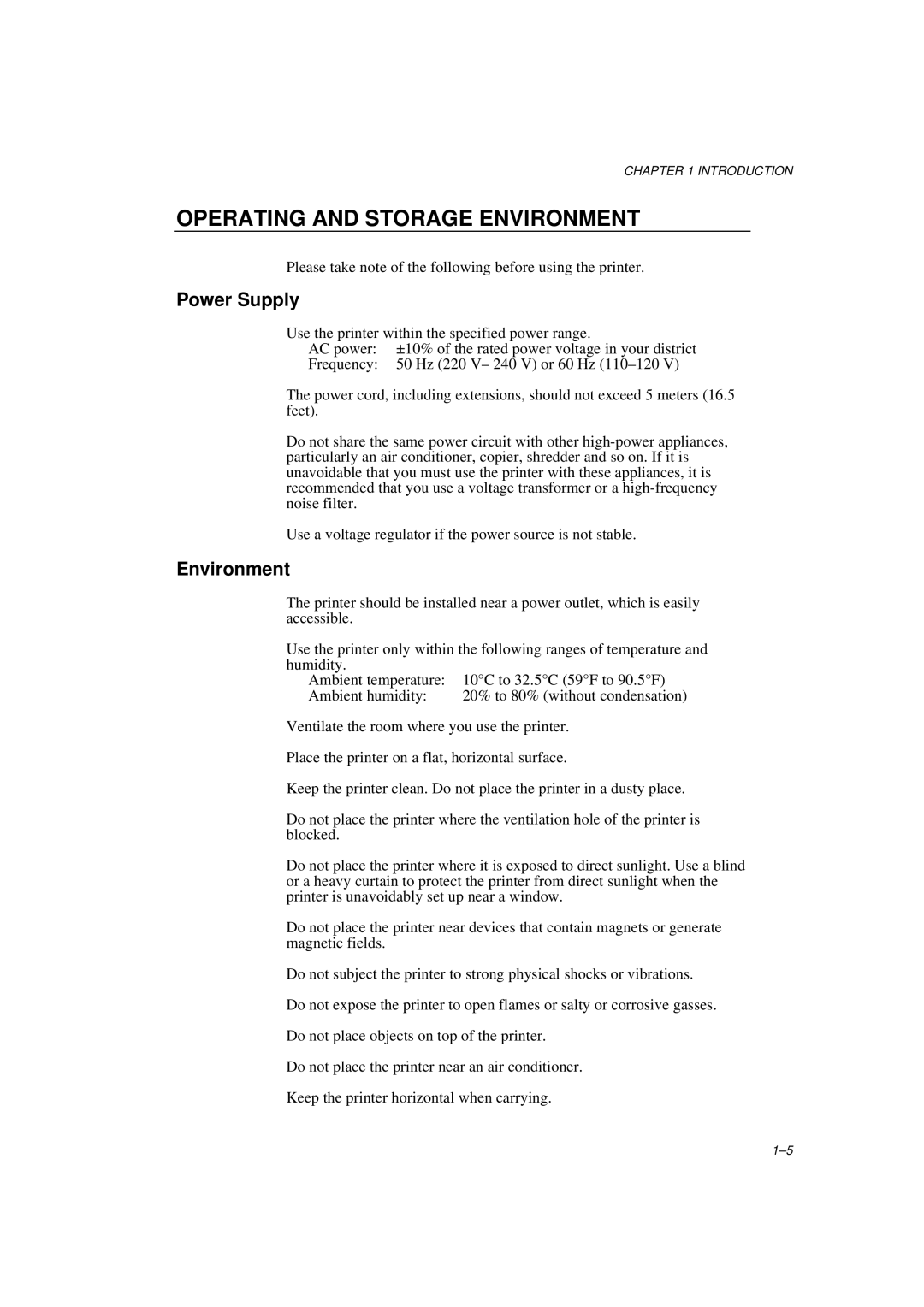 Brother HL-600 manual Operating and Storage Environment, Power Supply 