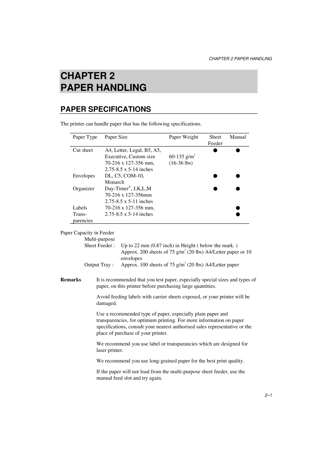 Brother HL-600 manual Chapter Paper Handling, Paper Specifications 