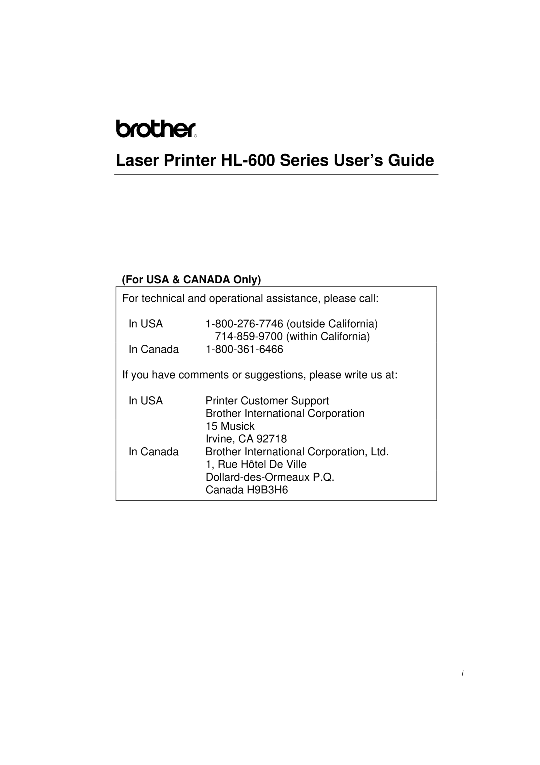 Brother manual Laser Printer HL-600 Series User’s Guide, For USA & Canada Only 