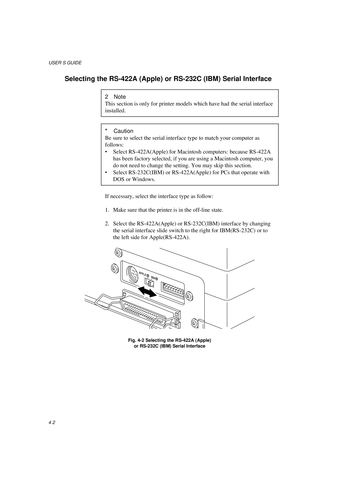 Brother HL-600 manual Selecting the RS-422A Apple or RS-232C IBM Serial Interface 