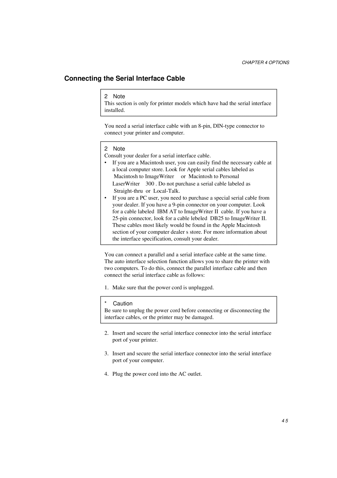 Brother HL-600 manual Connecting the Serial Interface Cable 