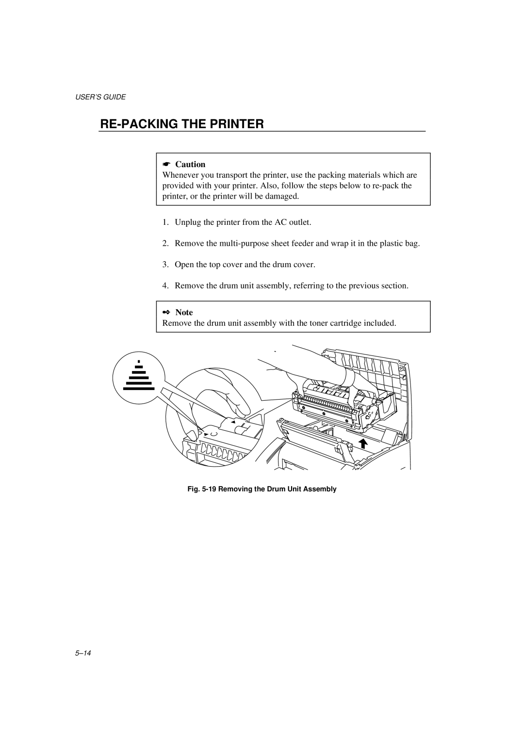 Brother HL-600 manual RE-PACKING the Printer, Removing the Drum Unit Assembly 