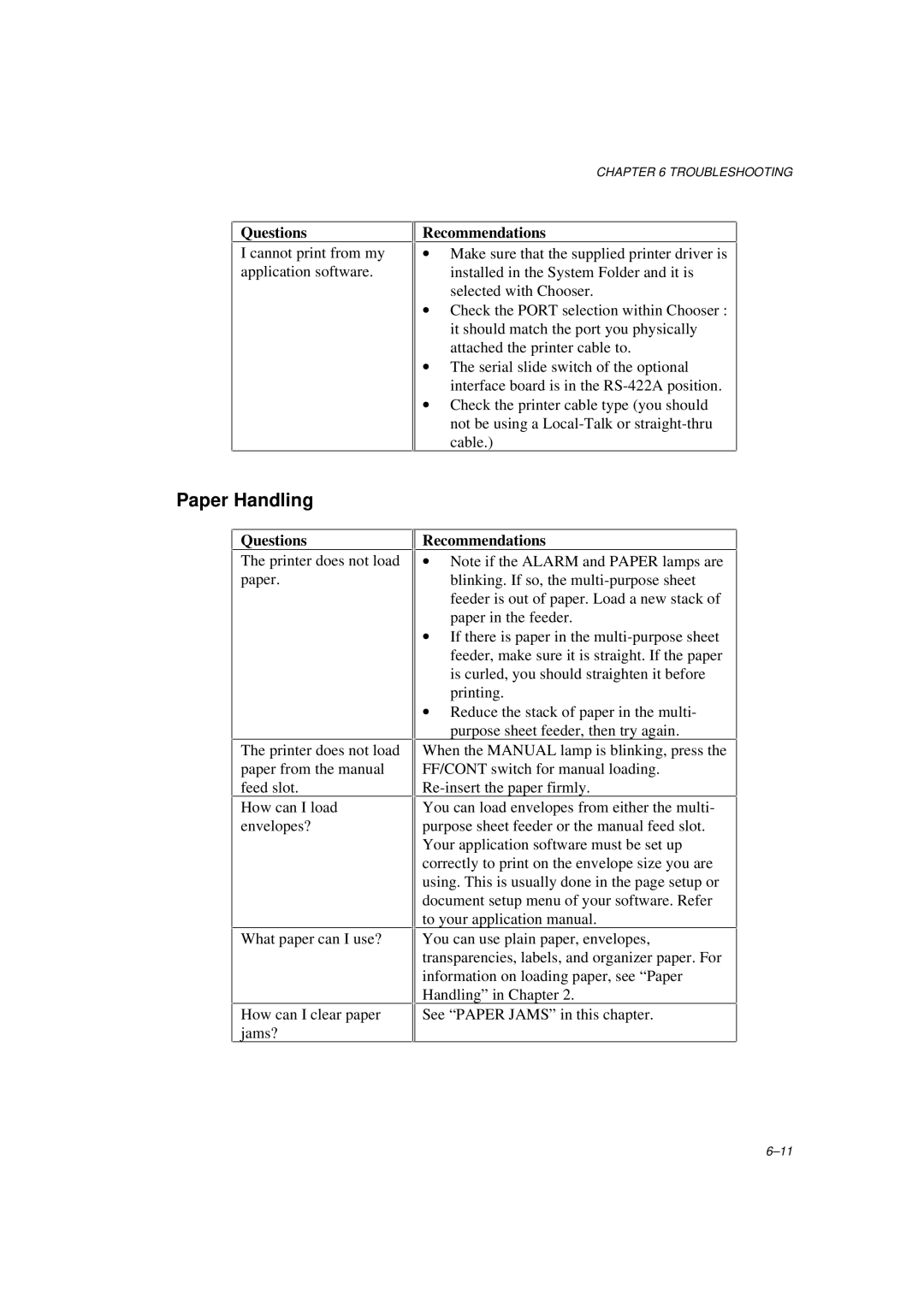 Brother HL-600 manual Paper Handling, Recommendations 