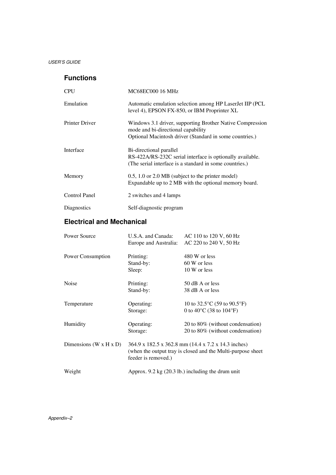 Brother HL-600 manual Functions, Electrical and Mechanical 