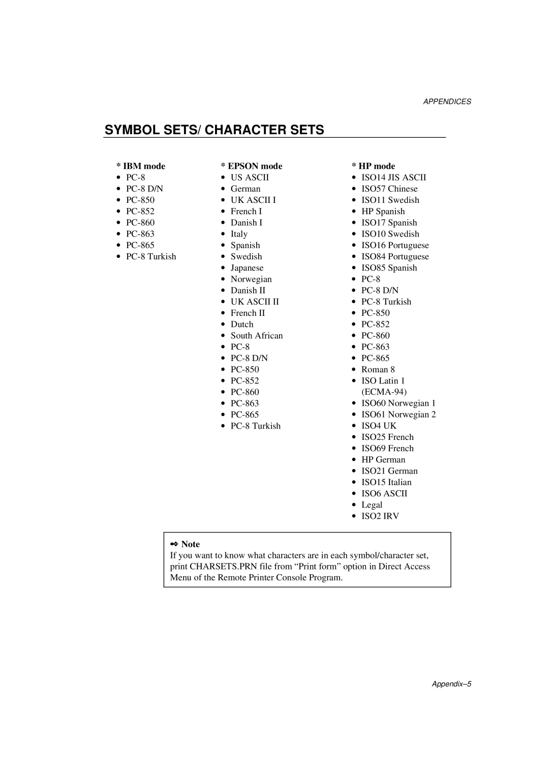 Brother HL-600 manual Symbol SETS/ Character Sets, IBM mode Epson mode HP mode 