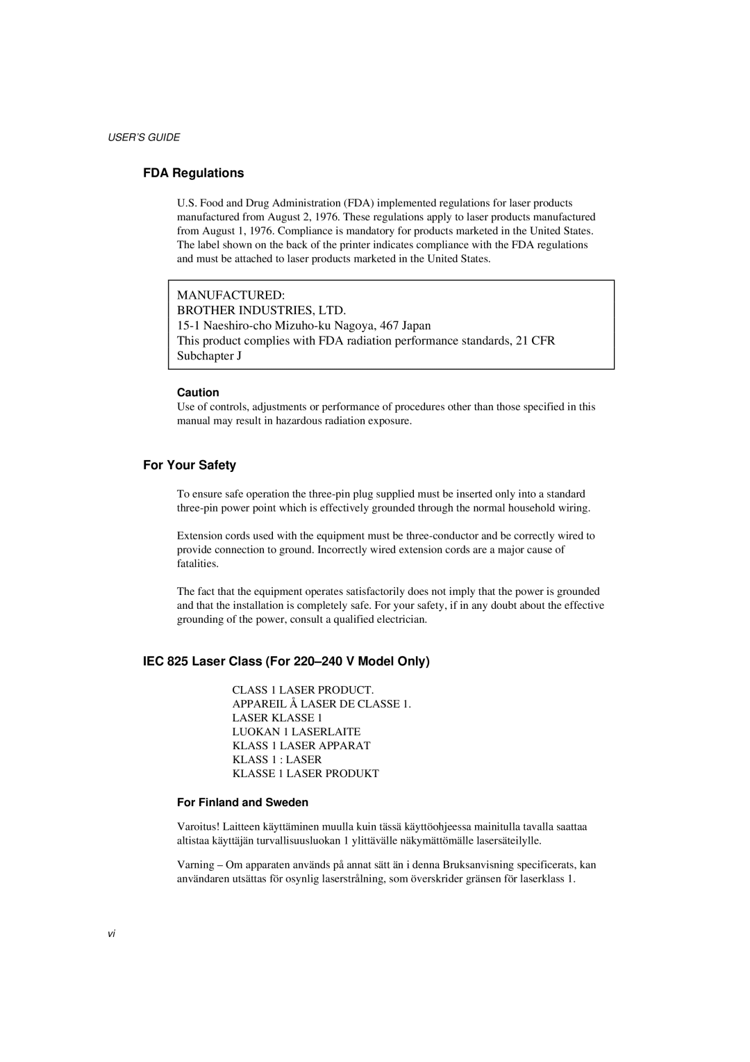 Brother HL-600 manual FDA Regulations, For Your Safety, IEC 825 Laser Class For 220-240 V Model Only 