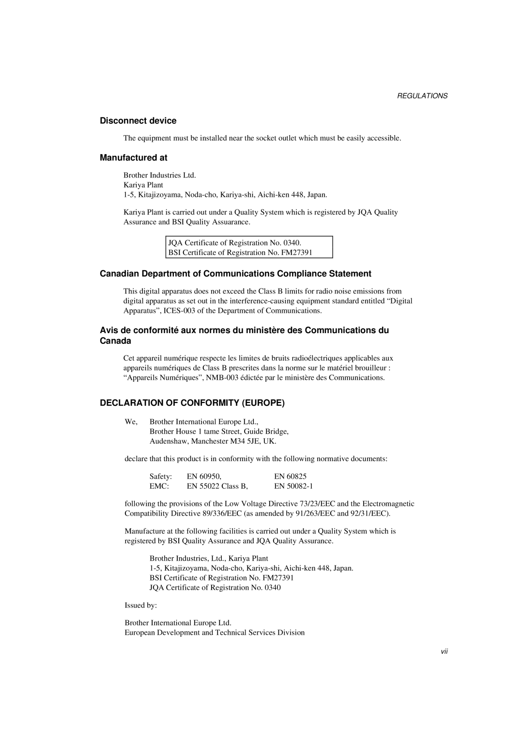 Brother HL-600 manual Disconnect device, Manufactured at, Canadian Department of Communications Compliance Statement 