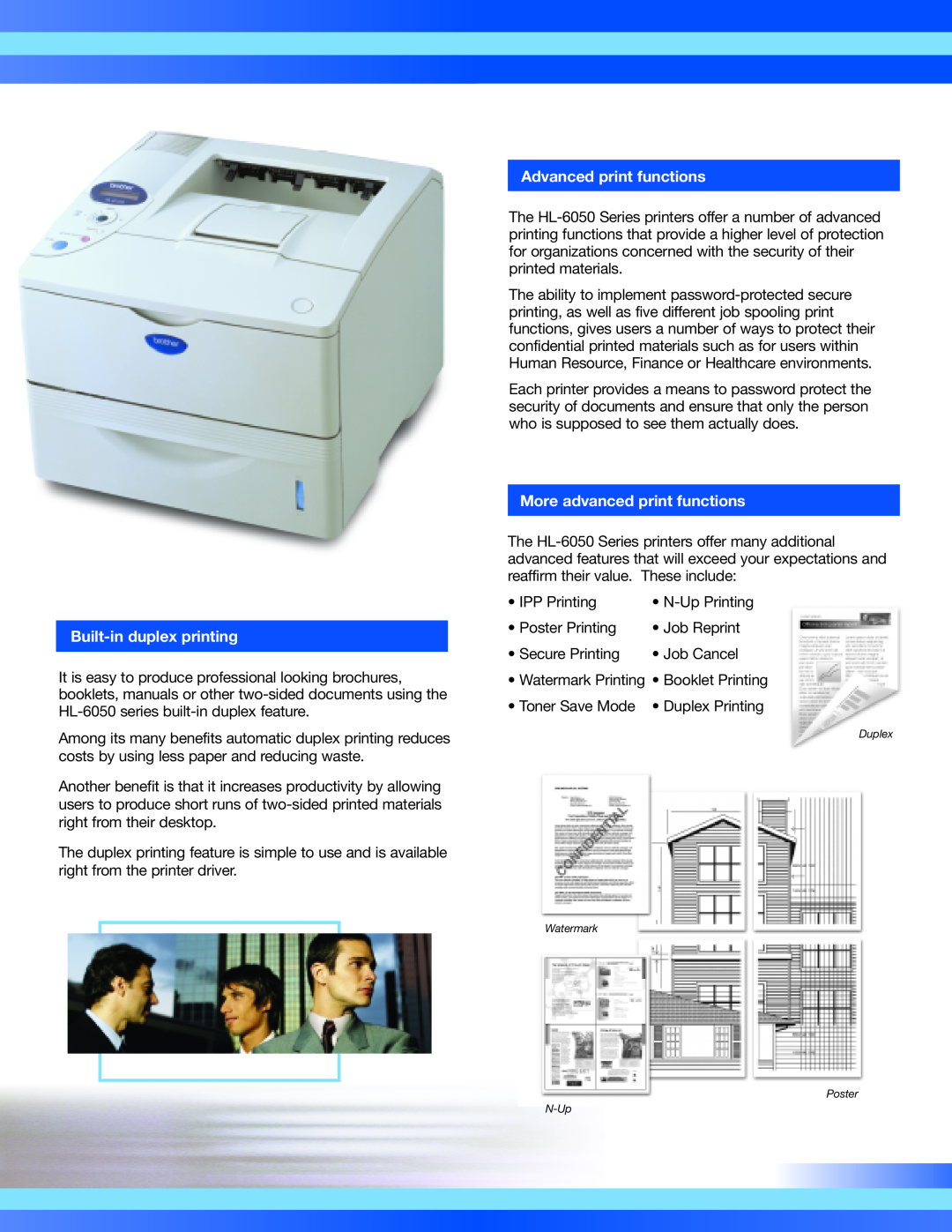 Brother HL-6050 Series manual Built-in duplex printing, Advanced print functions, More advanced print functions 