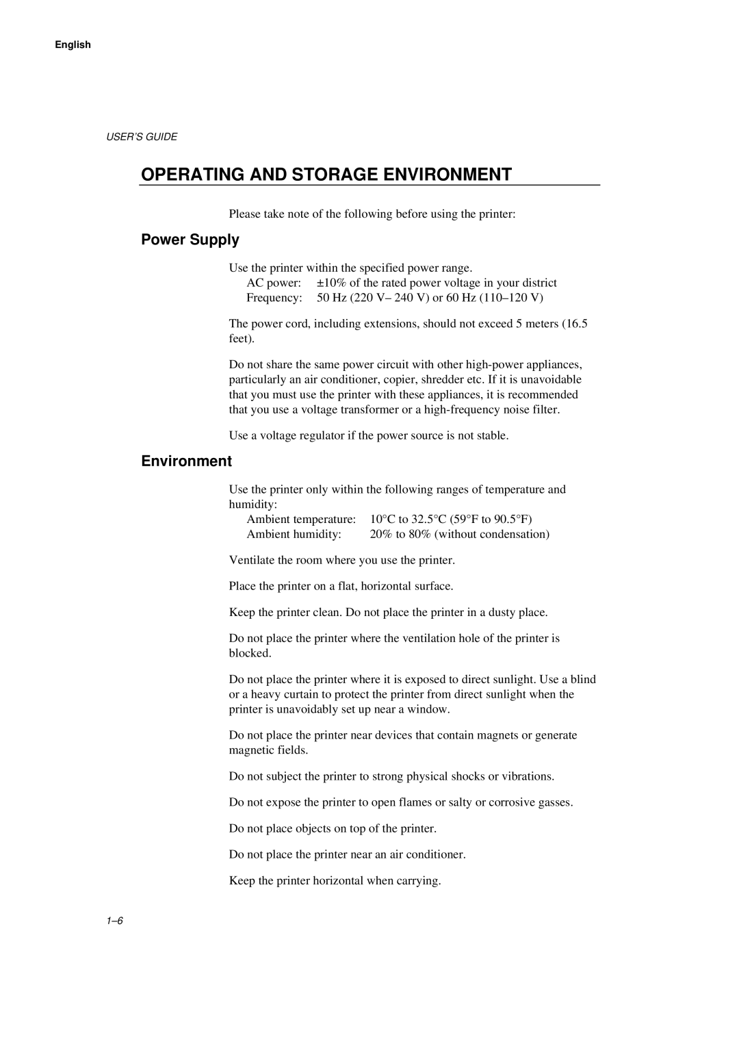 Brother HL-660 manual Operating and Storage Environment, Power Supply 