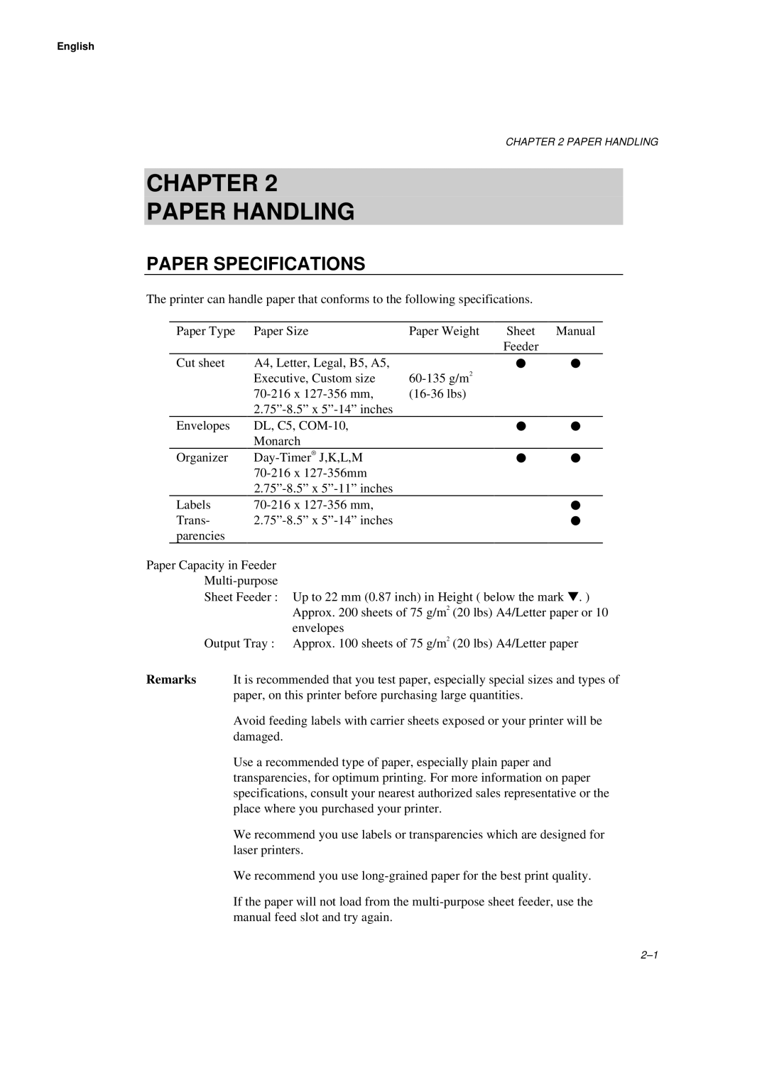 Brother HL-660 manual Chapter Paper Handling, Paper Specifications 