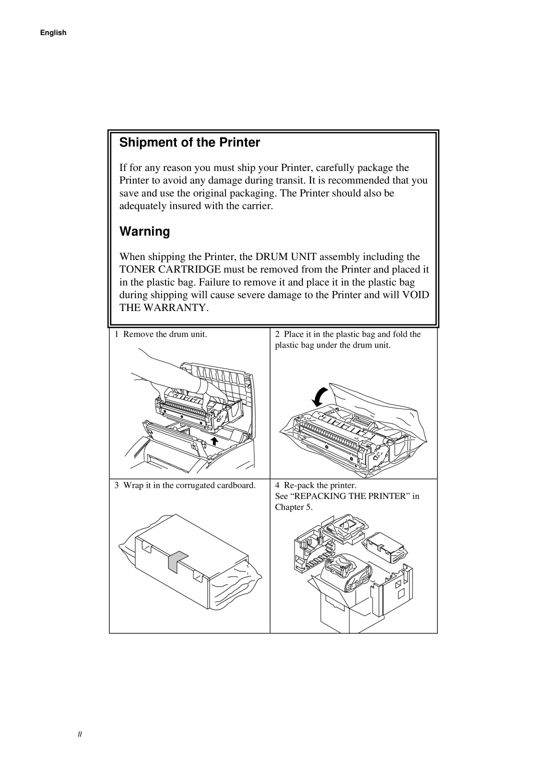 Brother HL-660 manual Shipment of the Printer 