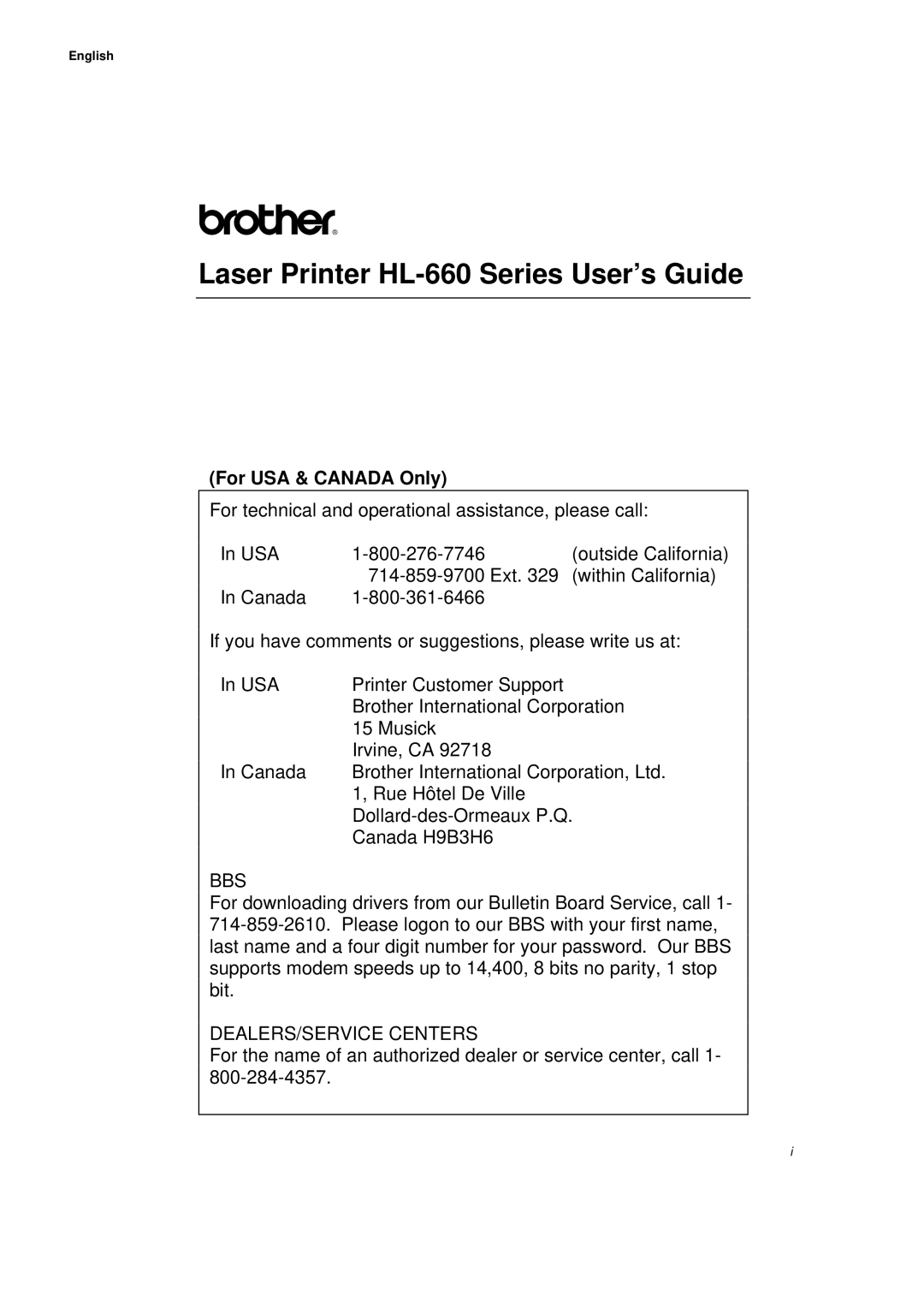 Brother manual Laser Printer HL-660 Series User’s Guide, For USA & Canada Only 