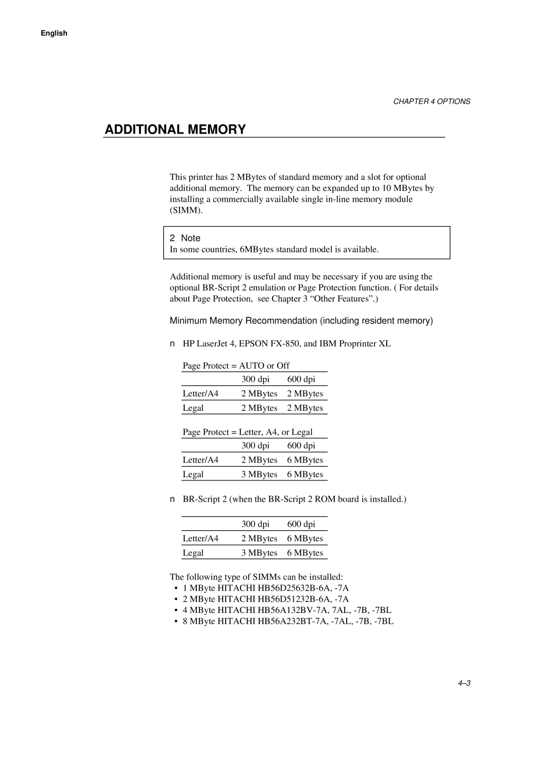 Brother HL-660 manual Additional Memory, Minimum Memory Recommendation including resident memory 