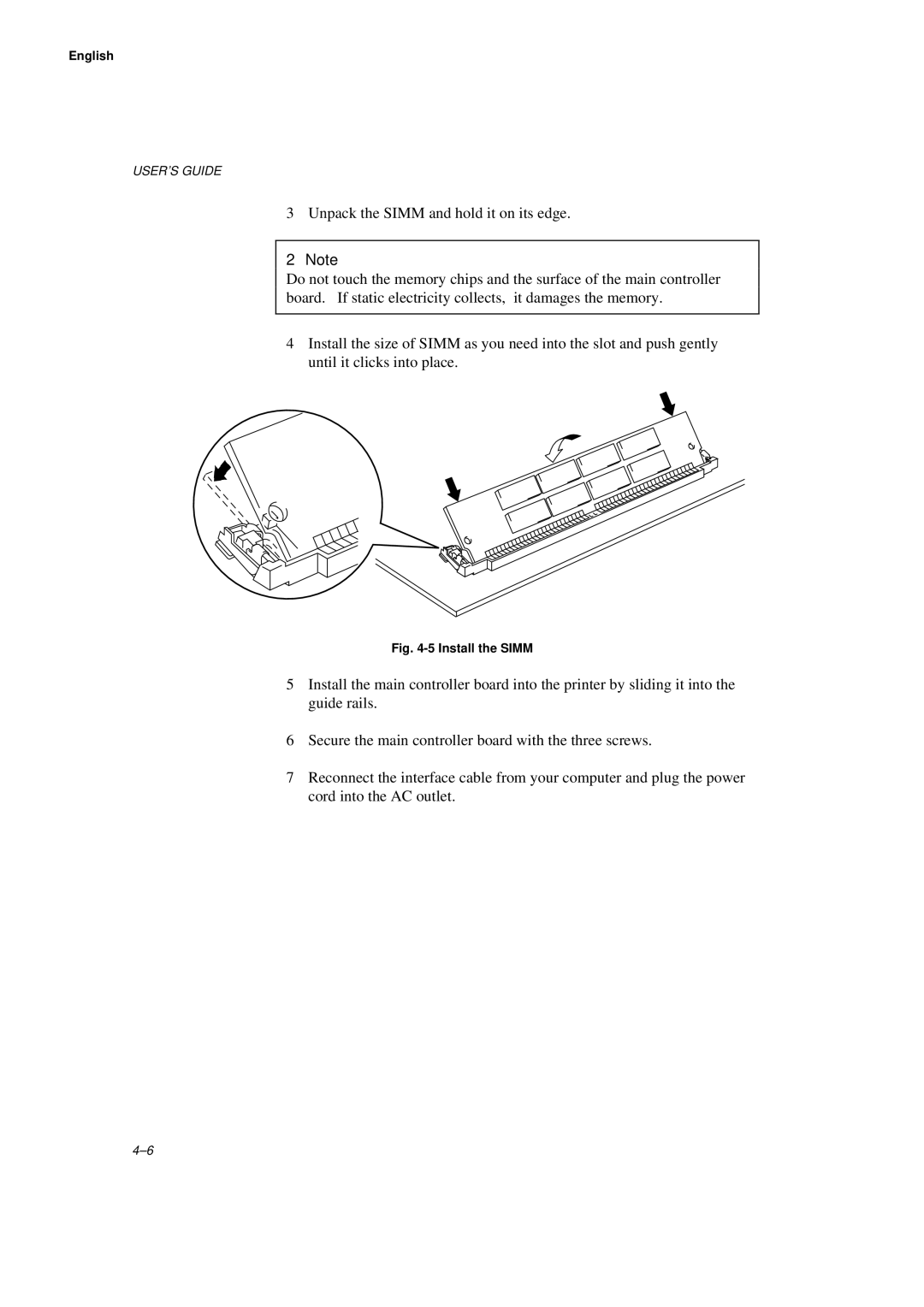 Brother HL-660 manual Install the Simm 