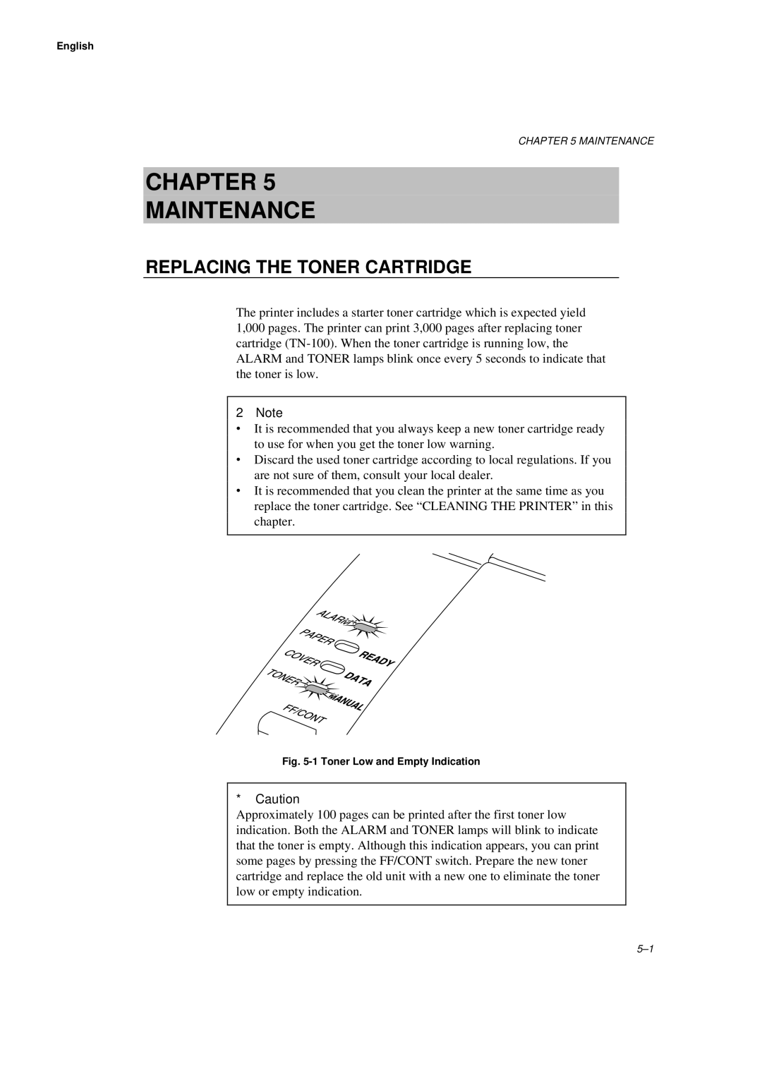 Brother HL-660 manual Chapter Maintenance, Replacing the Toner Cartridge 