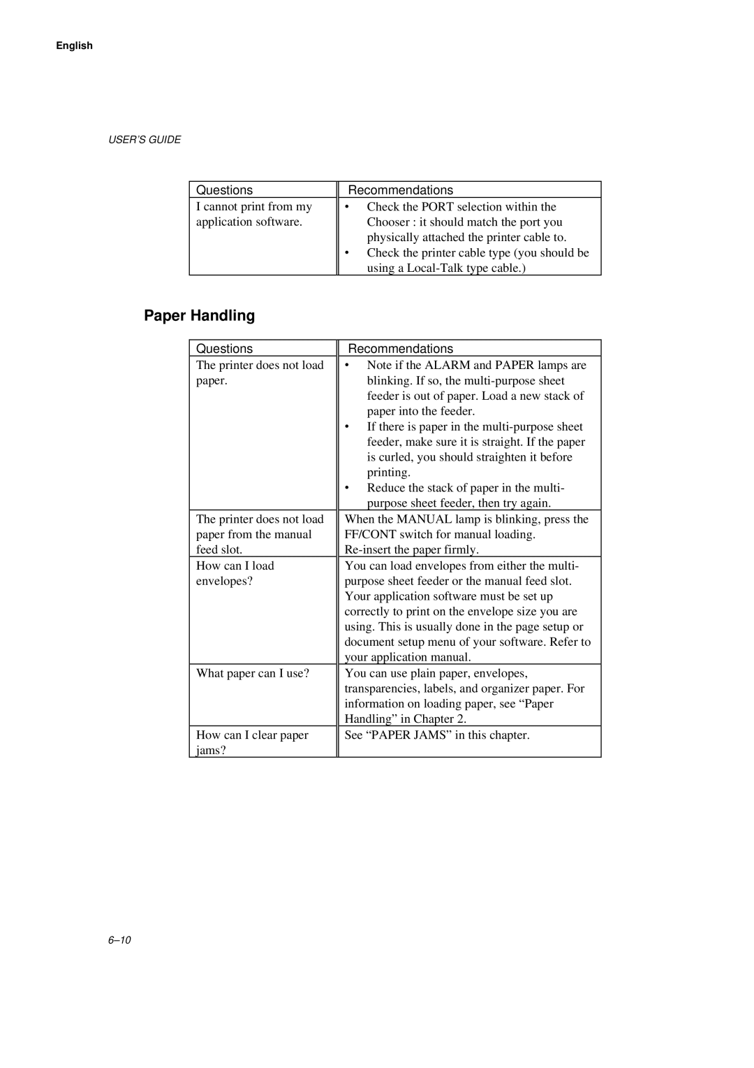 Brother HL-660 manual Paper Handling, Recommendations 