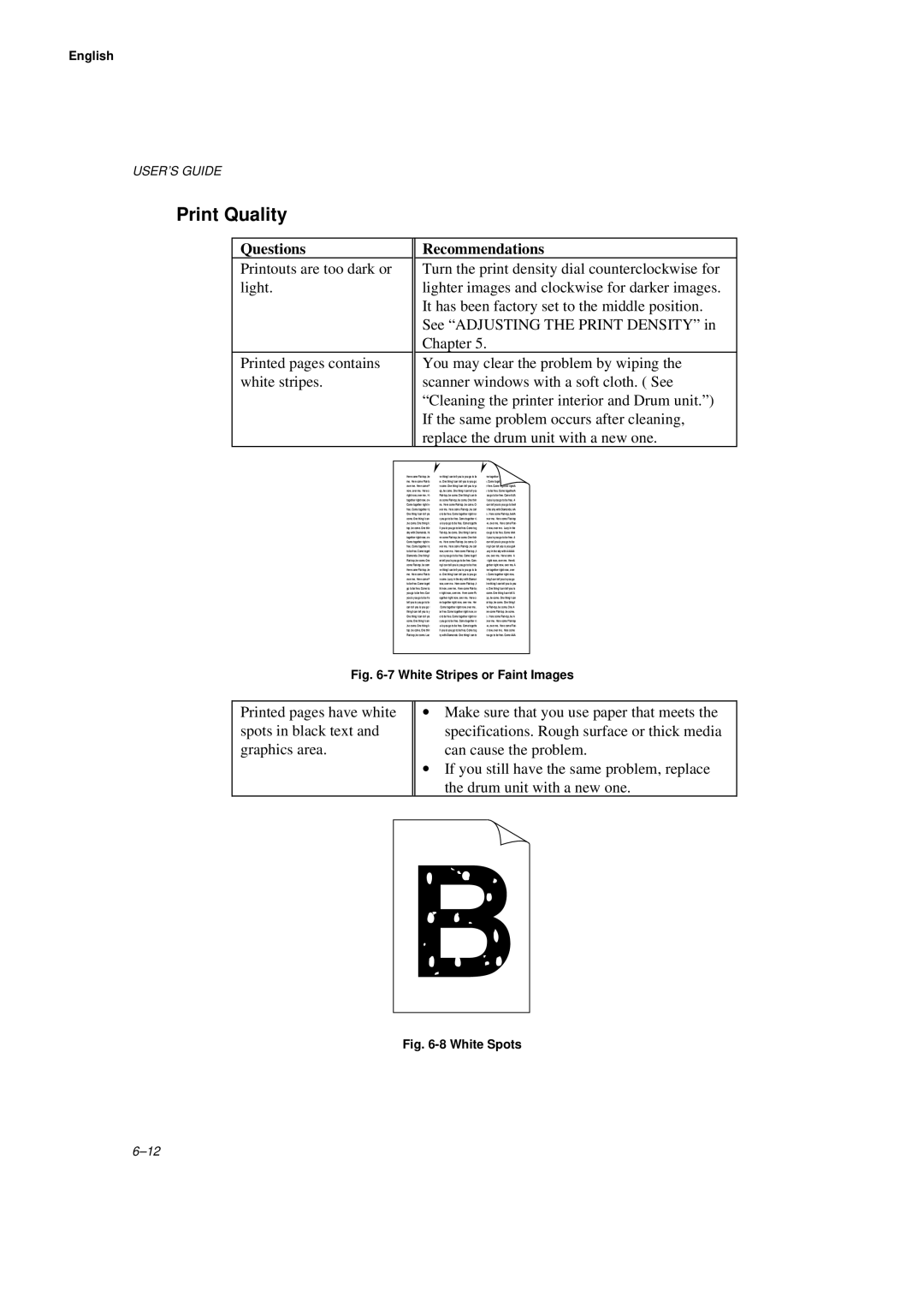 Brother HL-660 manual Print Quality, White Stripes or Faint Images 