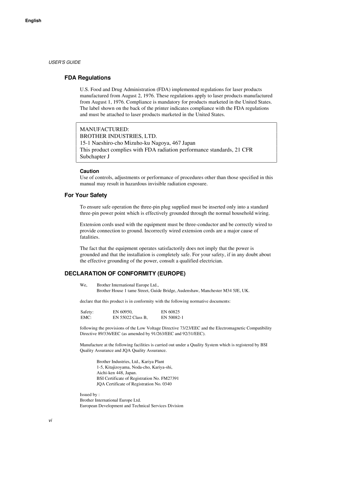 Brother HL-660 manual FDA Regulations, For Your Safety 