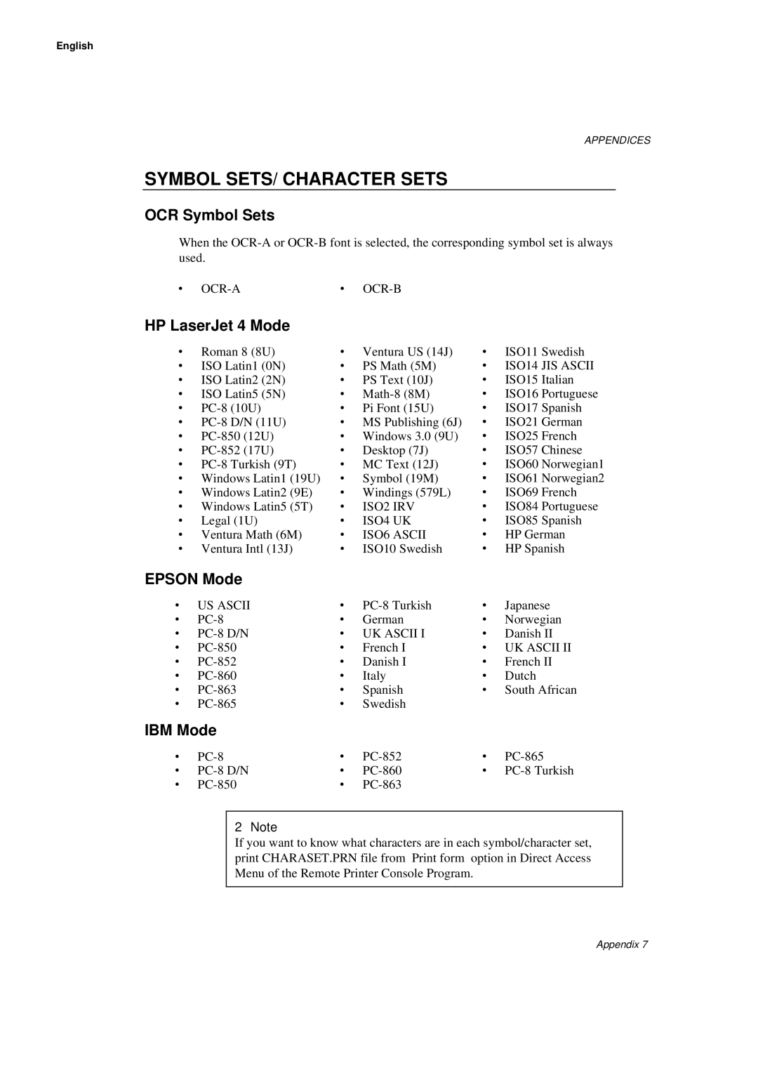 Brother HL-660 manual Symbol SETS/ Character Sets, OCR Symbol Sets, HP LaserJet 4 Mode, Epson Mode, IBM Mode 