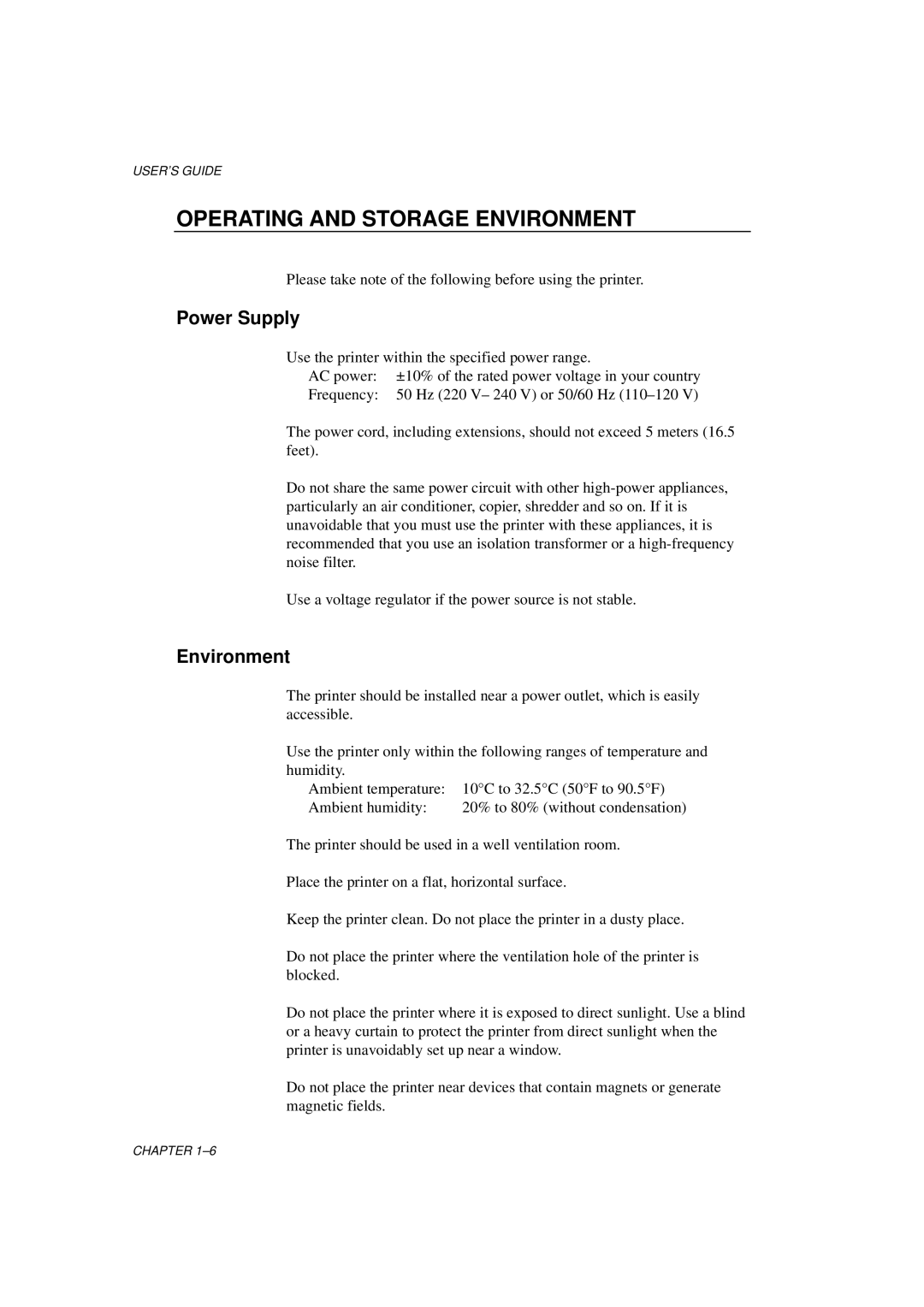 Brother HL-700 Series manual Operating and Storage Environment, Power Supply 