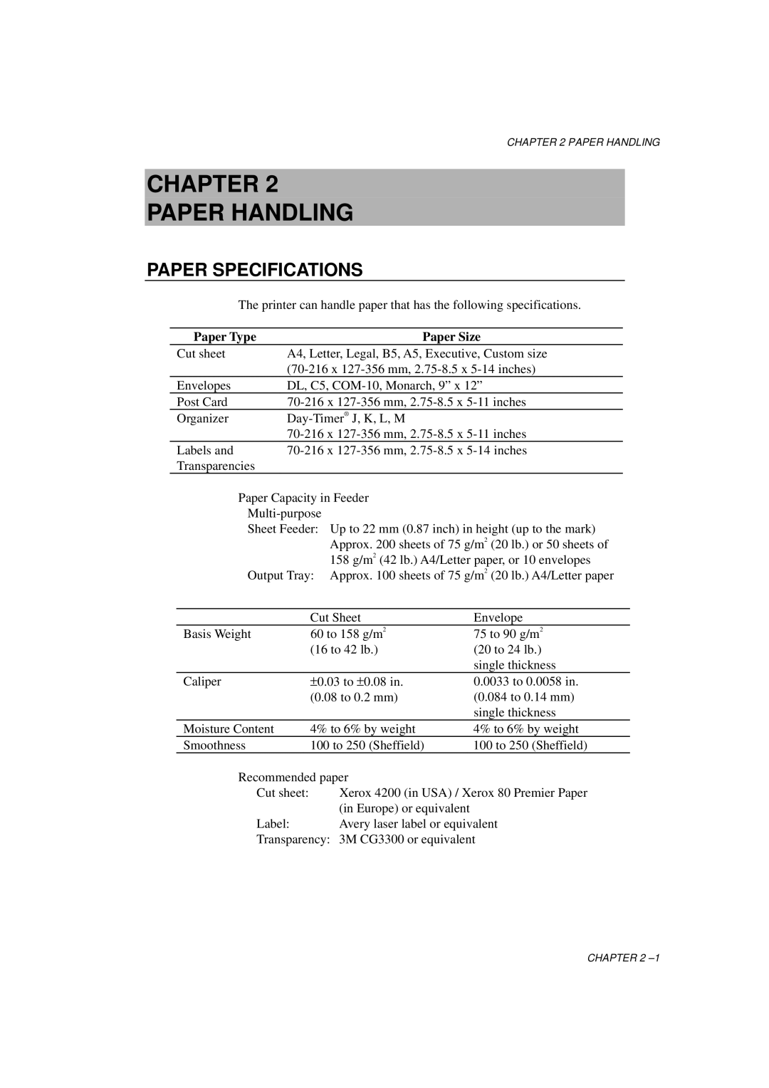 Brother HL-700 Series manual Chapter Paper Handling, Paper Specifications, Paper Type Paper Size 