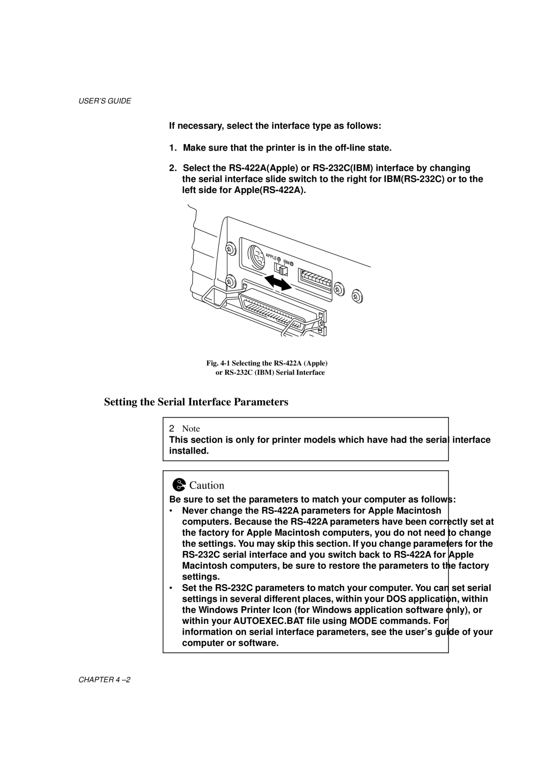 Brother HL-700 Series Setting the Serial Interface Parameters, Selecting the RS-422A Apple Or RS-232C IBM Serial Interface 