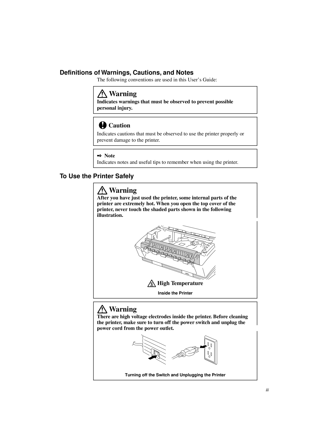 Brother HL-700 Series manual Definitions of Warnings, Cautions, and Notes, To Use the Printer Safely 