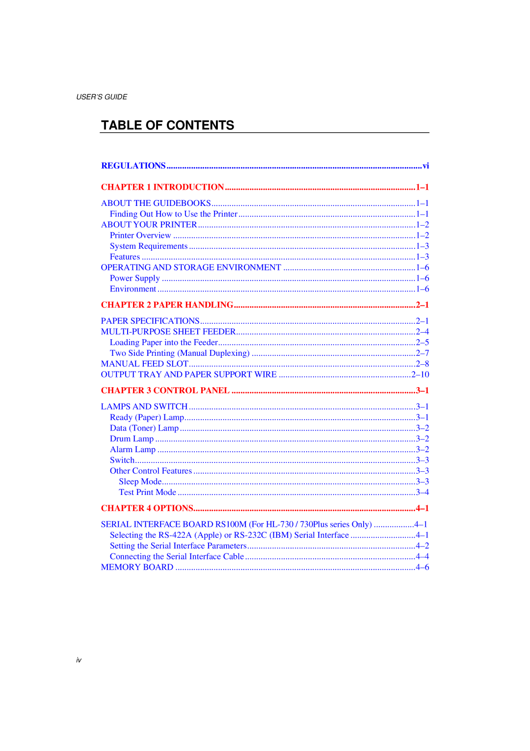 Brother HL-700 Series manual Table of Contents 