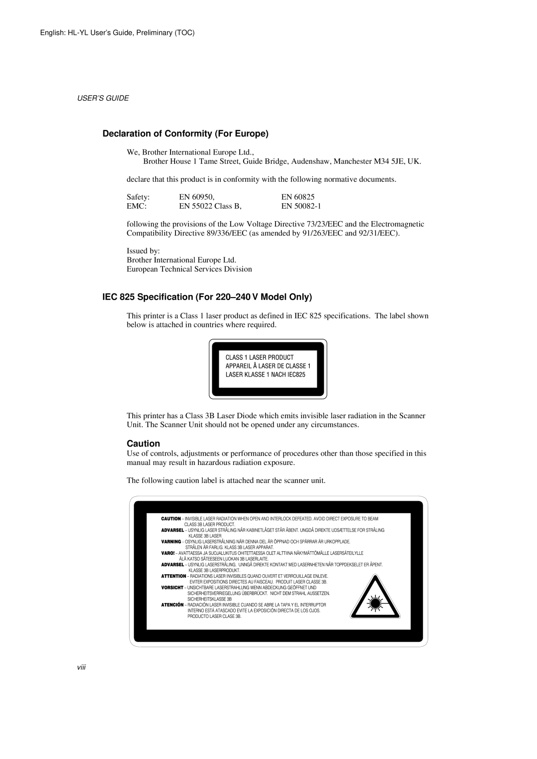 Brother HL-720 manual Declaration of Conformity For Europe 