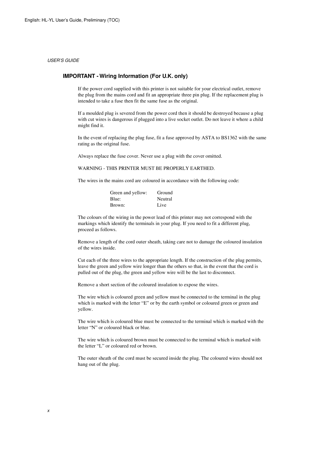 Brother HL-720 manual Important Wiring Information For U.K. only 