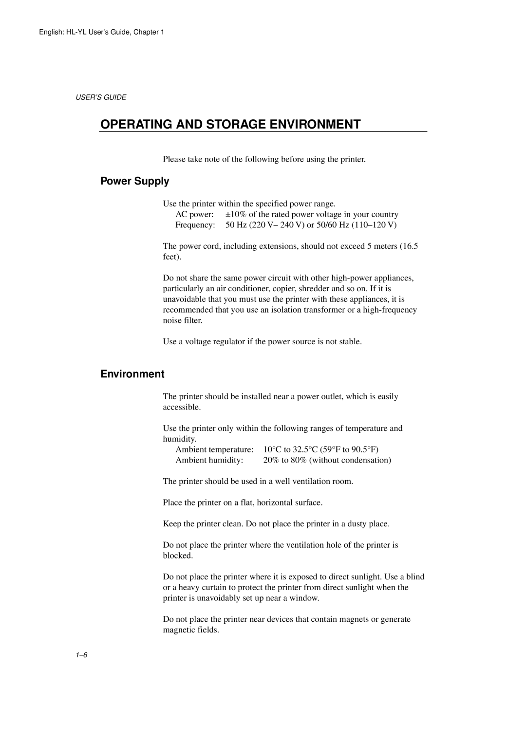 Brother HL-720 manual Operating and Storage Environment, Power Supply 