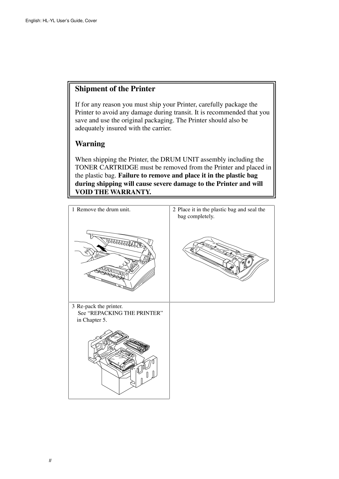 Brother HL-720 manual Shipment of the Printer 