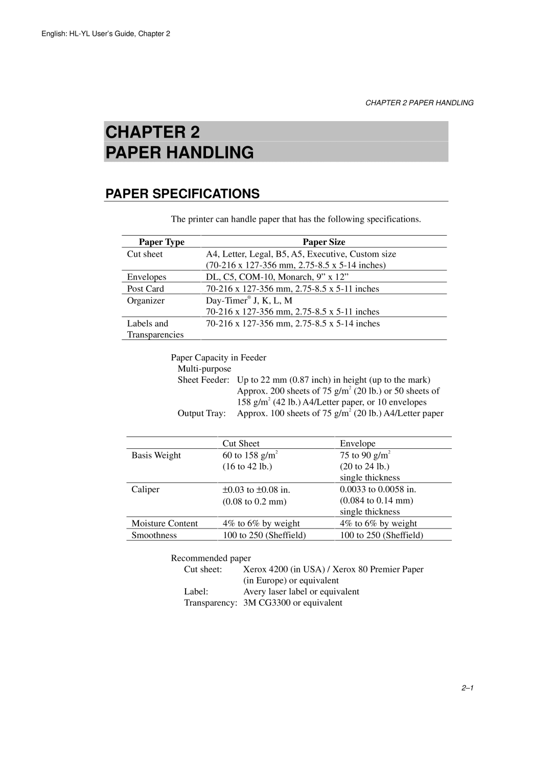 Brother HL-720 manual Paper Specifications, Paper Type, Paper Size 