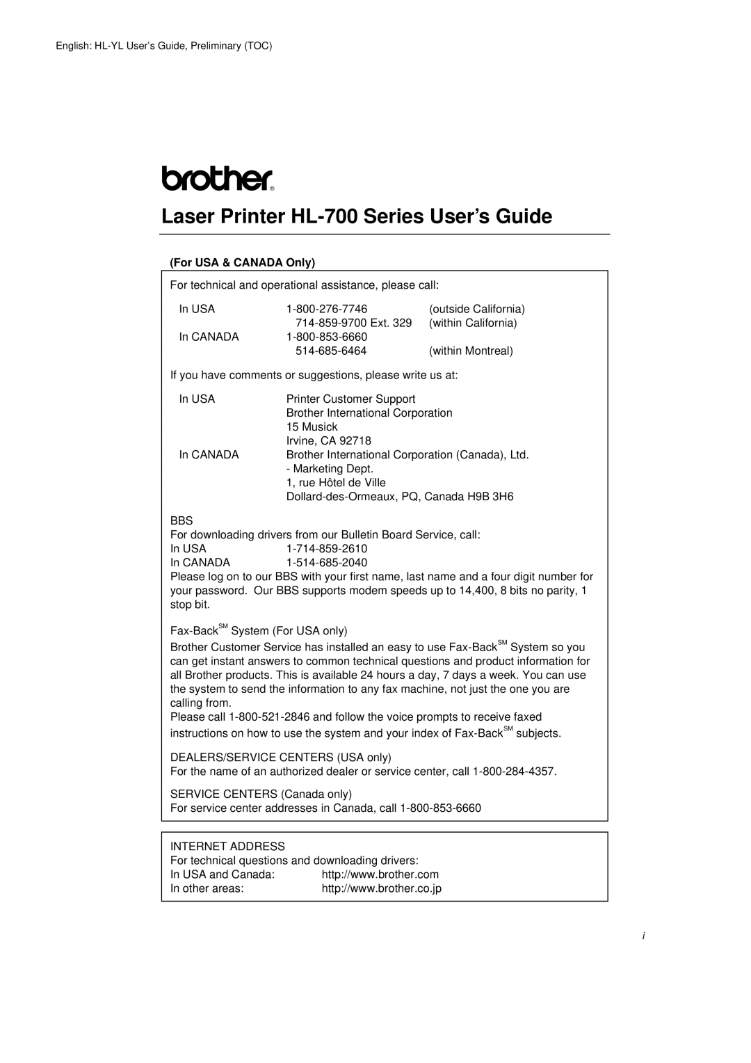 Brother HL-720 manual Laser Printer HL-700 Series User’s Guide 