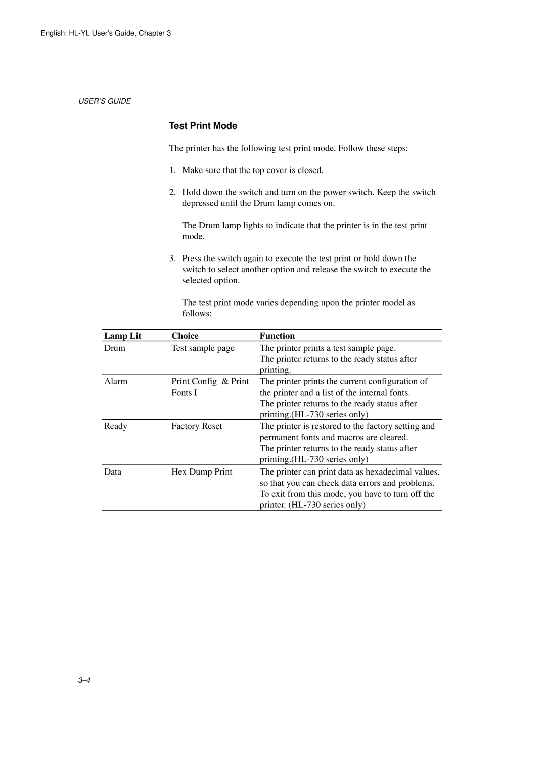 Brother HL-720 manual Test Print Mode, Lamp Lit Choice Function 