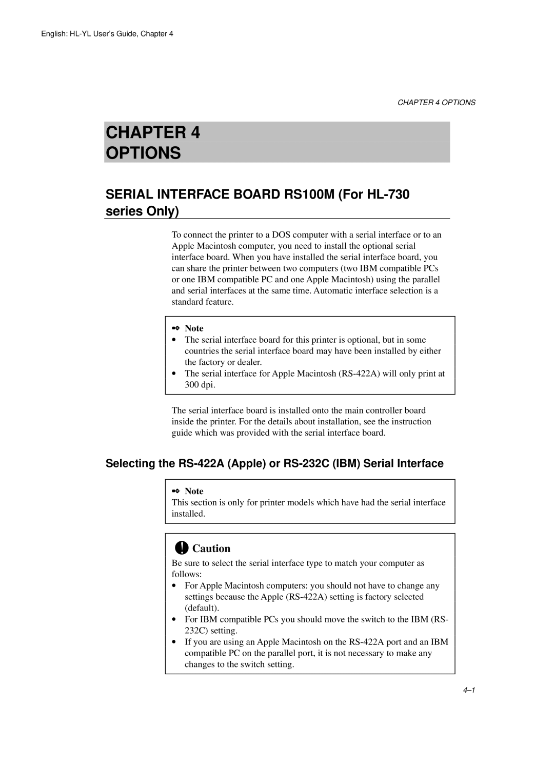 Brother HL-720 manual Chapter Options, Selecting the RS-422A Apple or RS-232C IBM Serial Interface 