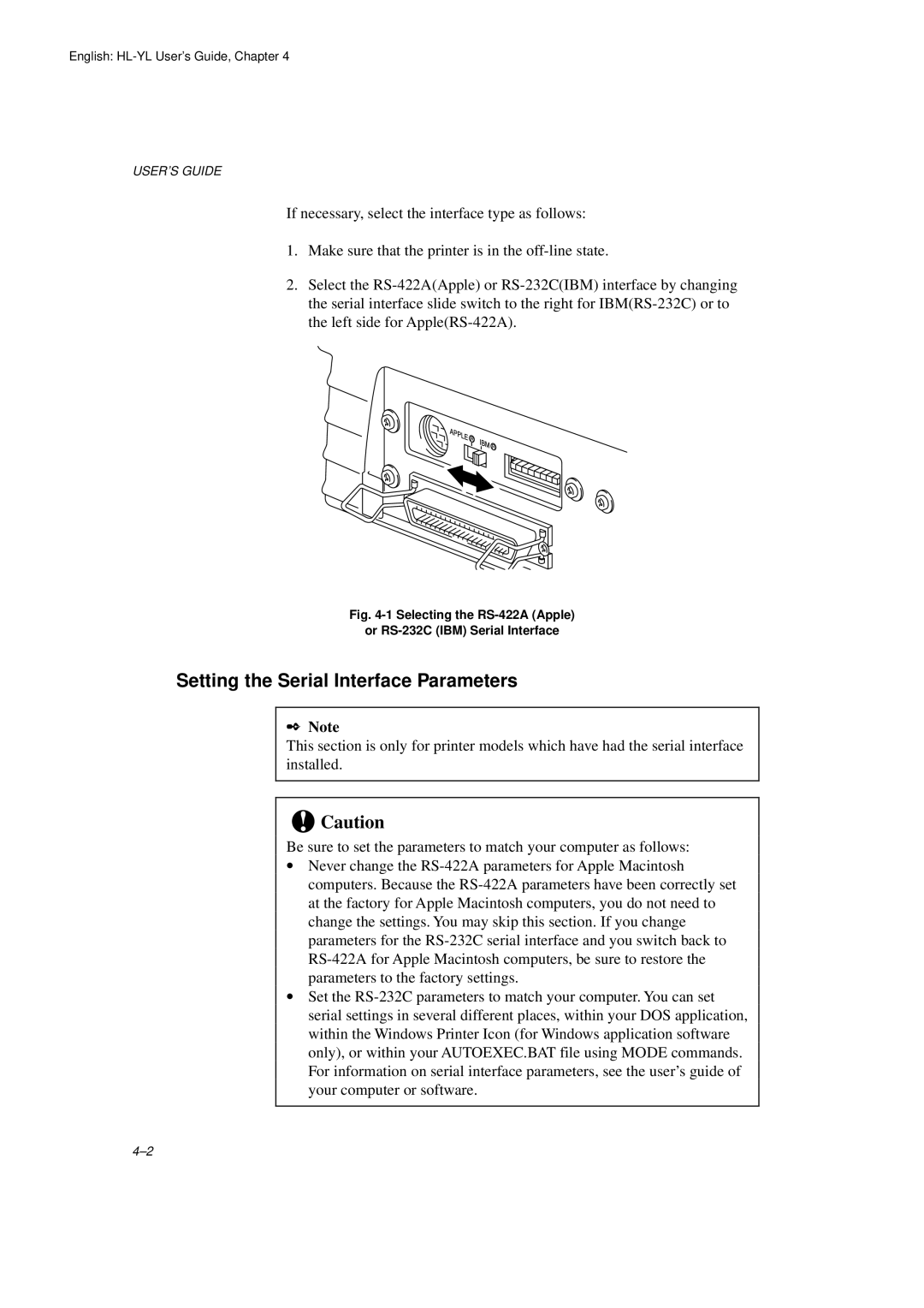 Brother HL-720 manual Setting the Serial Interface Parameters, Selecting the RS-422A Apple Or RS-232C IBM Serial Interface 