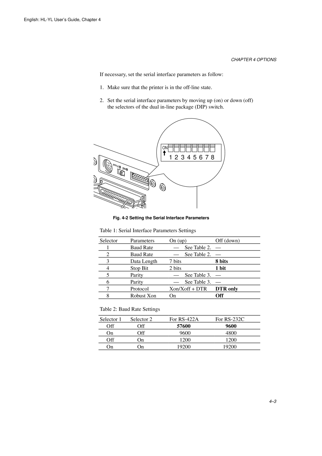 Brother HL-720 manual Bits, DTR only, Off, 9600 