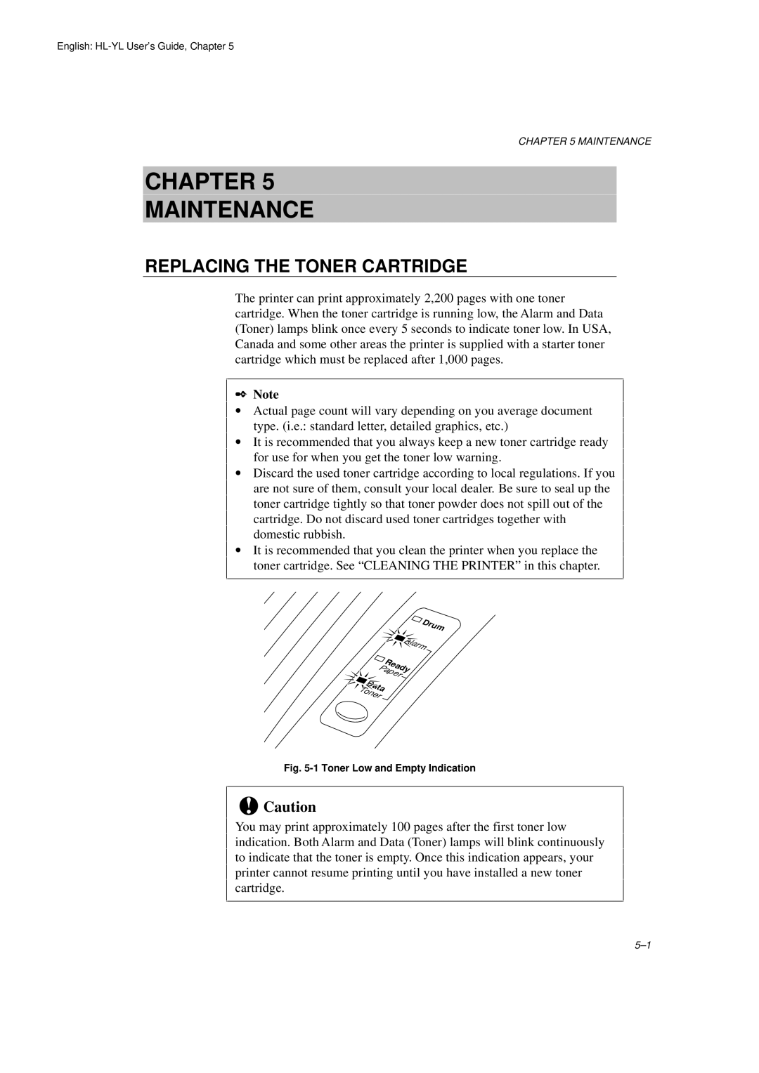 Brother HL-720 manual Chapter Maintenance, Replacing the Toner Cartridge 