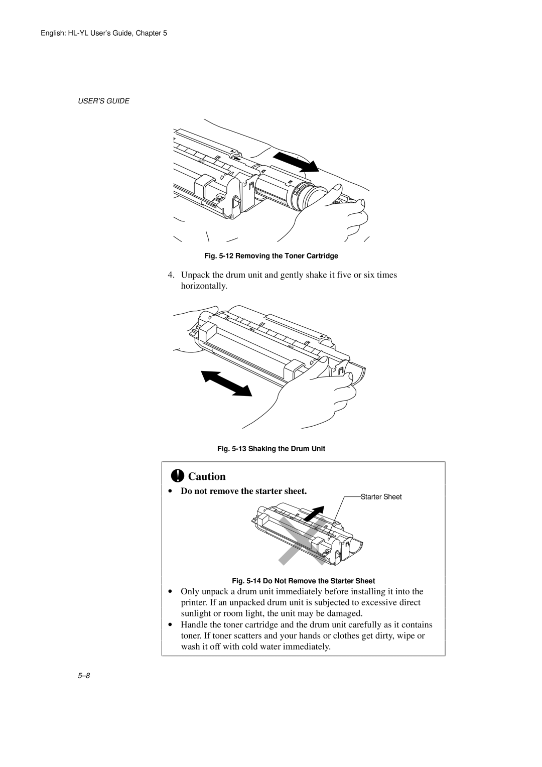 Brother HL-720 manual ∙ Do not remove the starter sheet, Removing the Toner Cartridge 