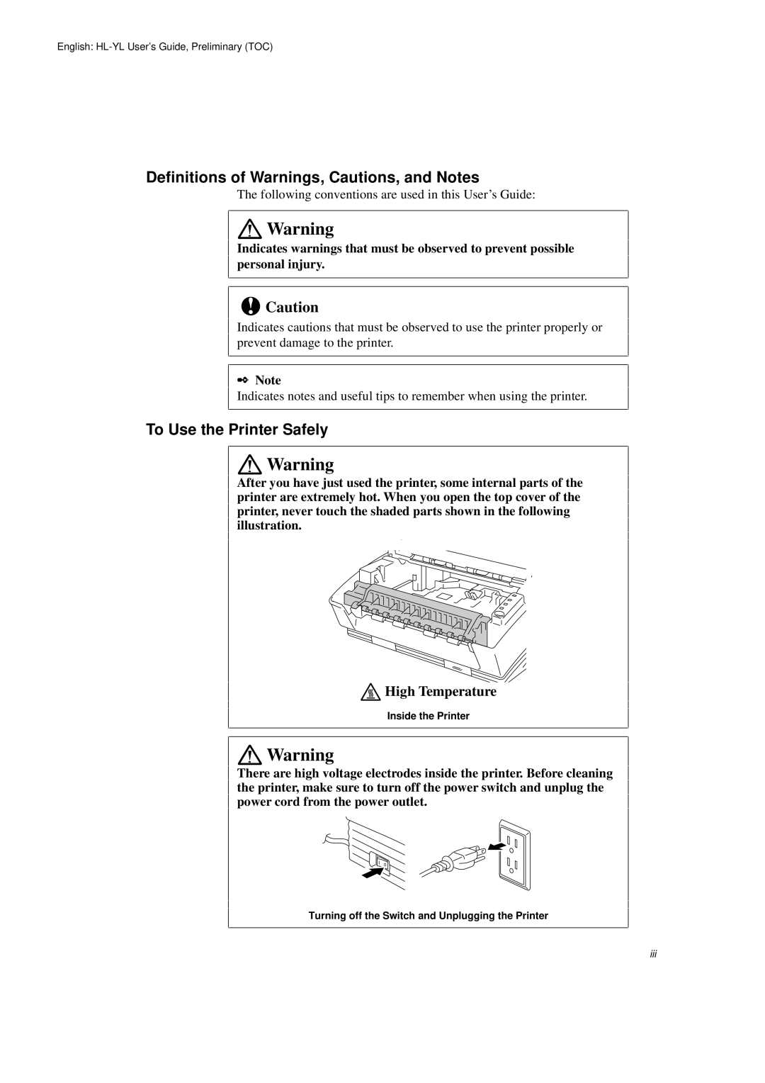 Brother HL-720 manual Definitions of Warnings, Cautions, and Notes, To Use the Printer Safely 