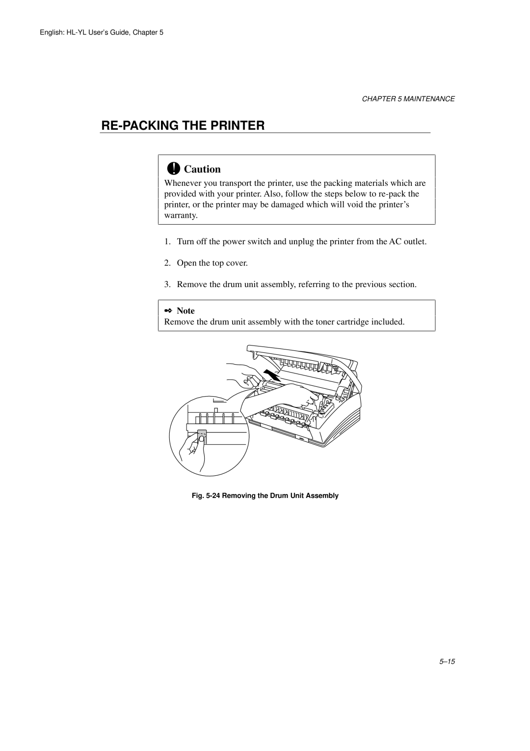 Brother HL-720 manual RE-PACKING the Printer, Removing the Drum Unit Assembly 