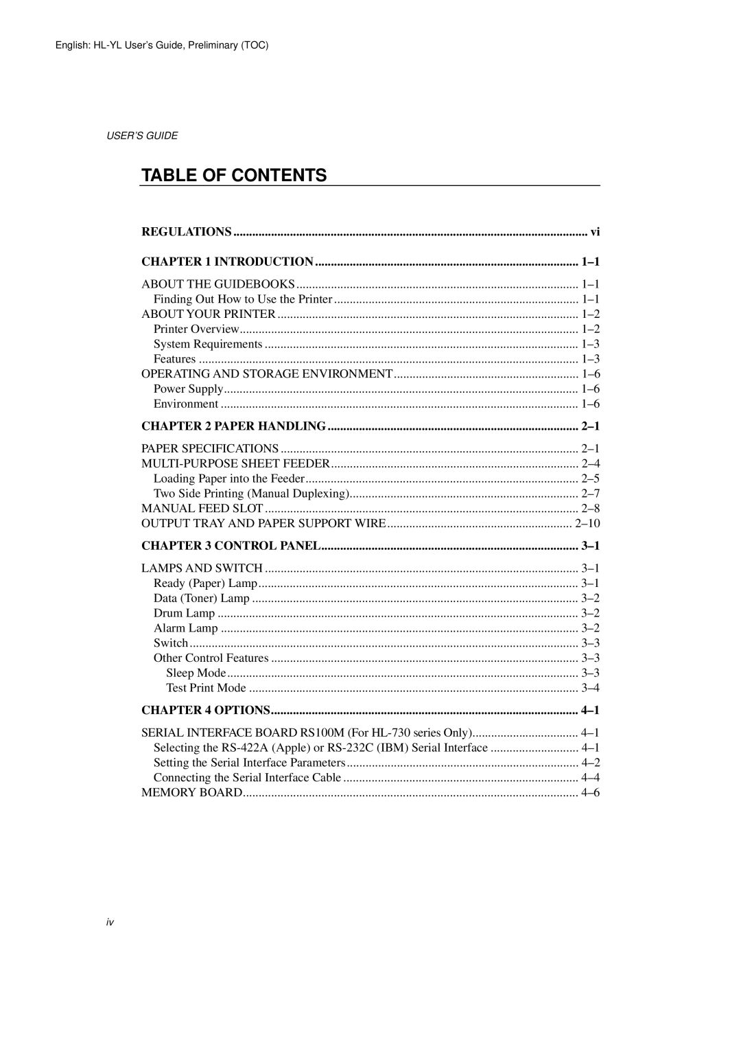 Brother HL-720 manual Table of Contents 