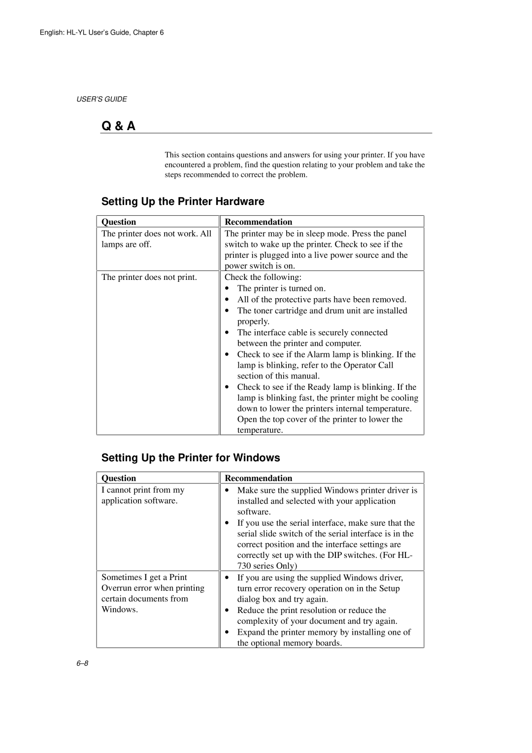 Brother HL-720 manual Setting Up the Printer Hardware, Setting Up the Printer for Windows, Question, Recommendation 