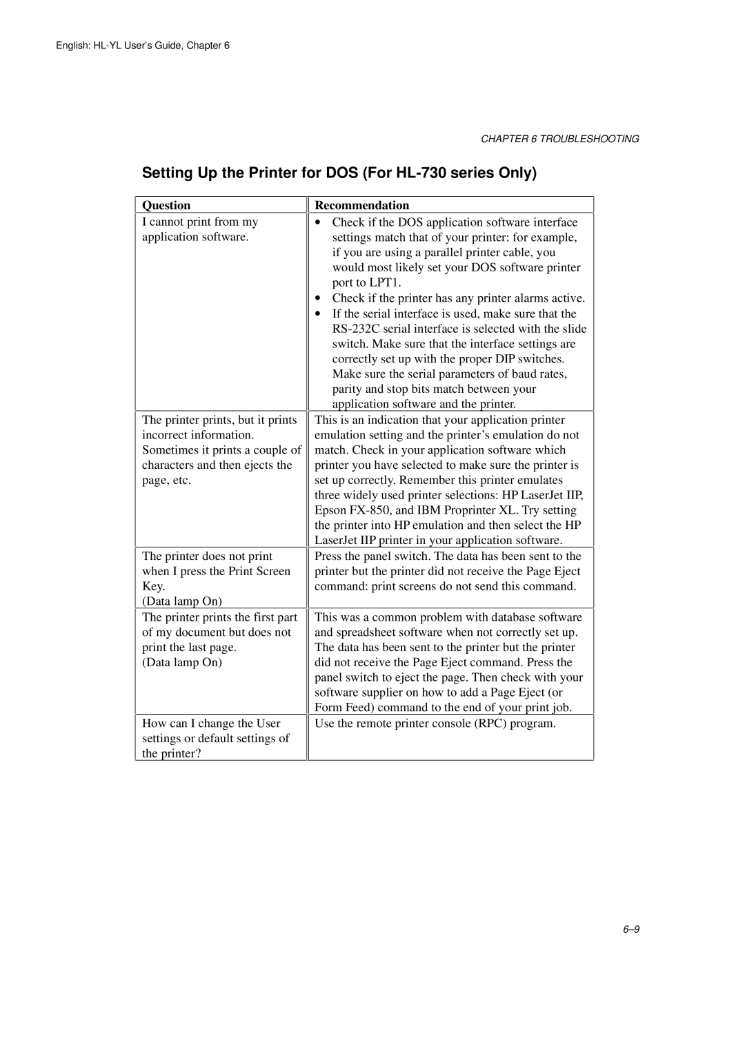 Brother HL-720 manual Setting Up the Printer for DOS For HL-730 series Only 