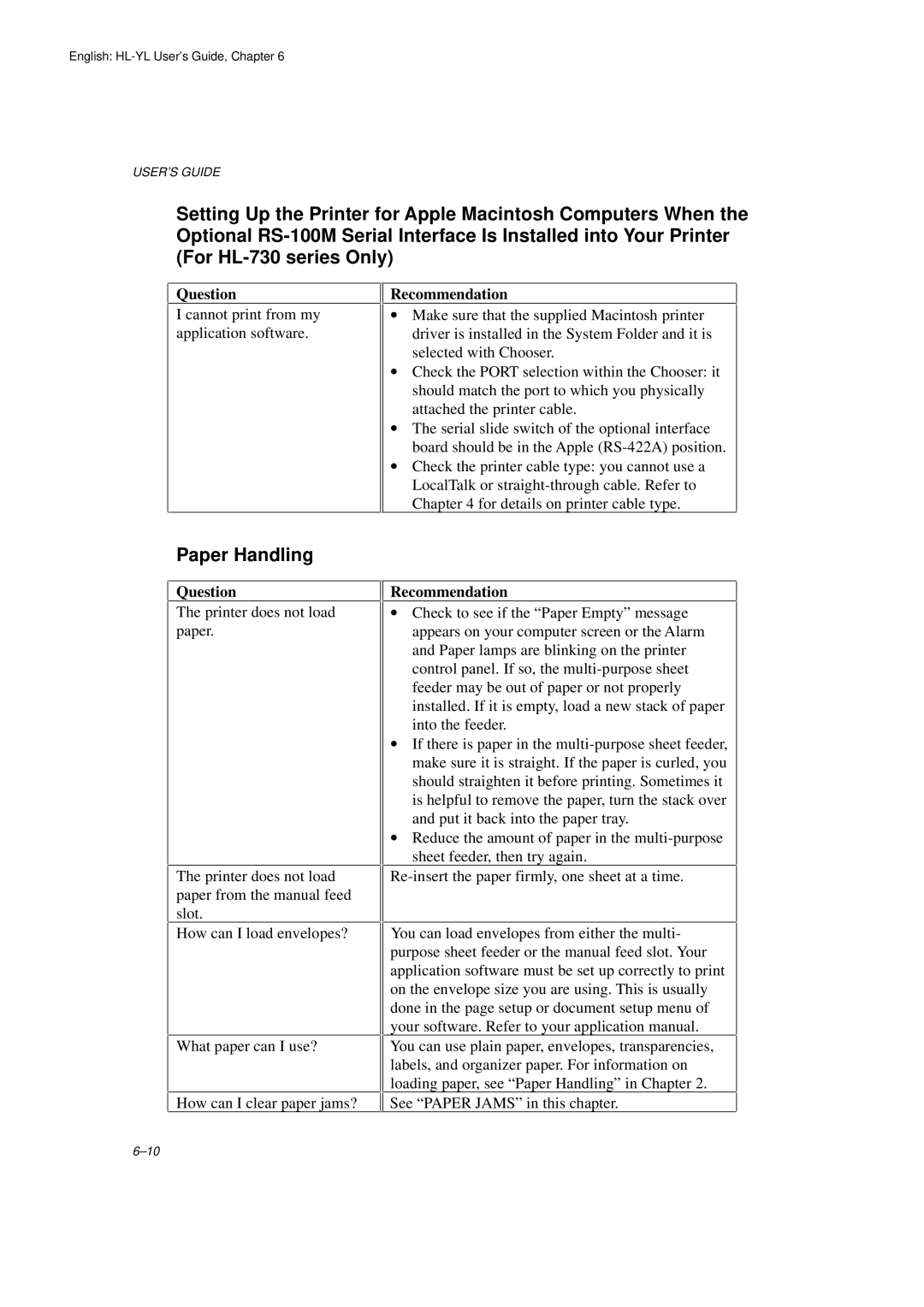 Brother HL-720 manual Paper Handling 